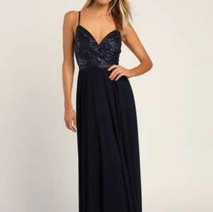 Lulus Navy Blue Sleeveless Sequin Maxi Dress NWT